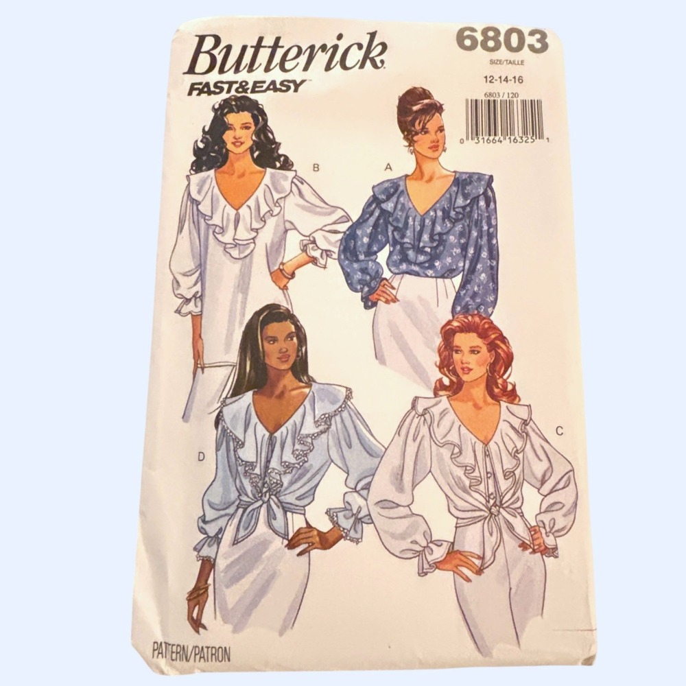 Butterick 6803 Ruffle Collar Poet Blouse Tie Front Sz 12 14 16 Uncut Vtg 1993